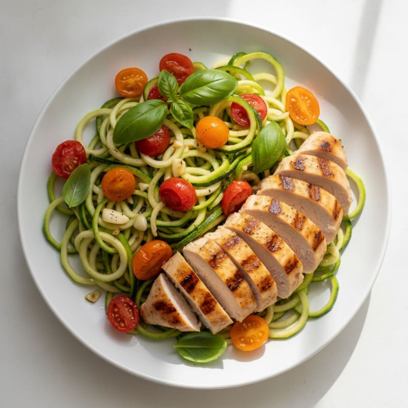 Grilled Chicken Breast with Zucchini Noodles and Cherry Tomatoes