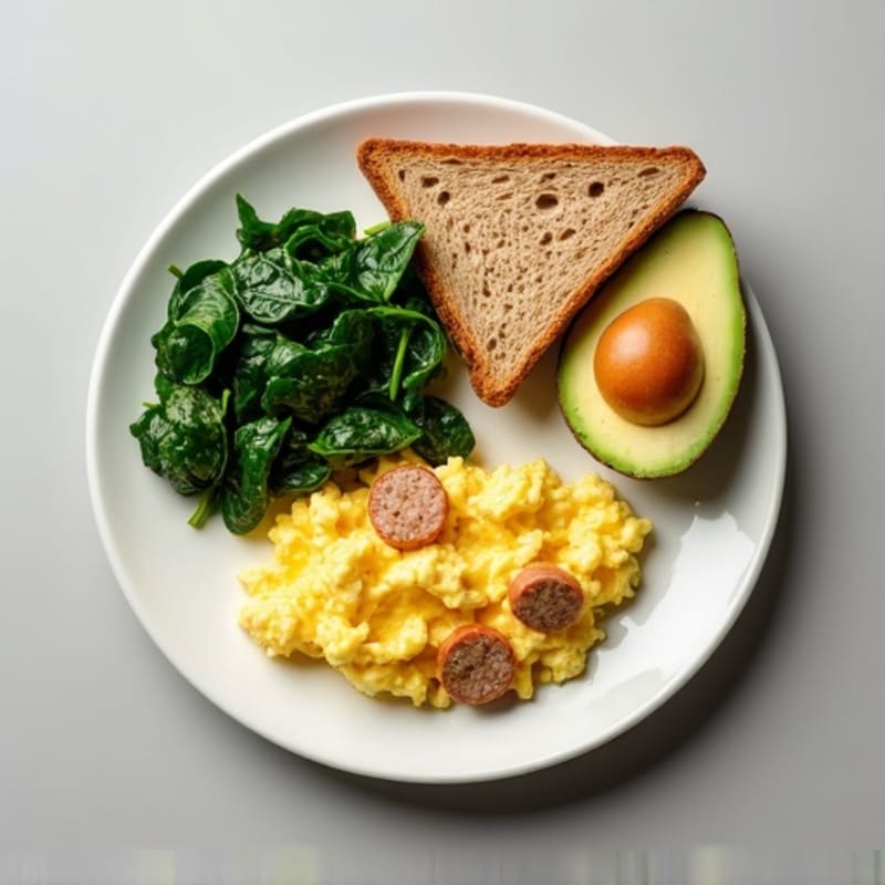 Egg White Scramble with Turkey Sausage and Sautéed Spinach