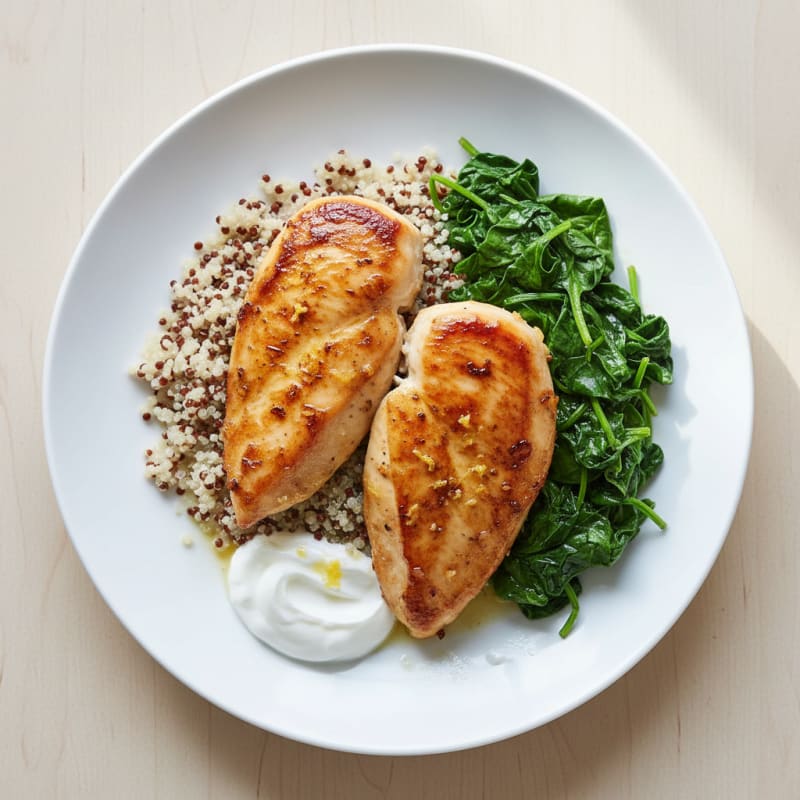 Pan-Seared Chicken Breast with Quinoa and Sautéed Spinach