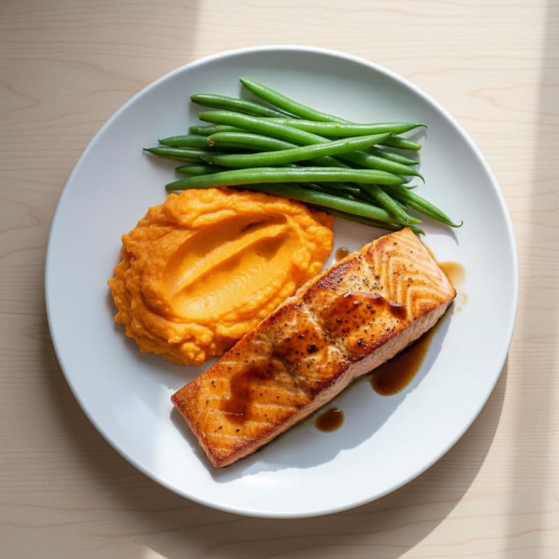 Seared Salmon with Steamed Green Beans and Mashed Sweet Potato