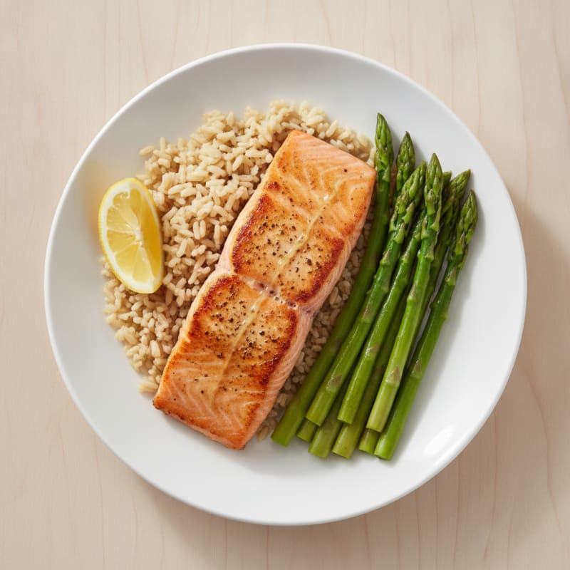 Seared Salmon with Steamed Asparagus and Brown Rice