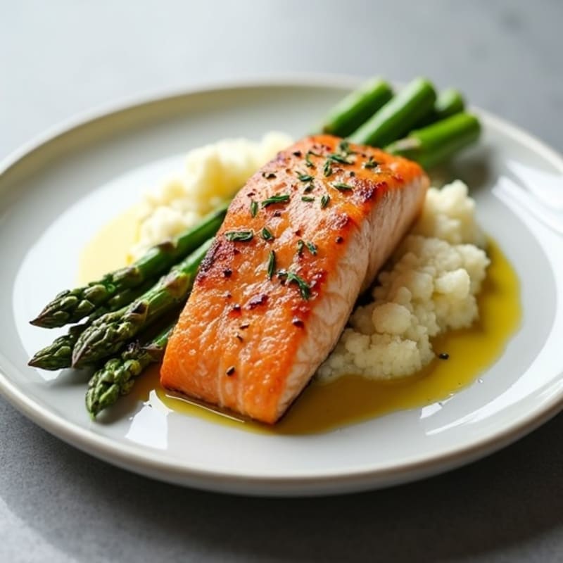 Seared Salmon with Steamed Asparagus and Cauliflower Mash