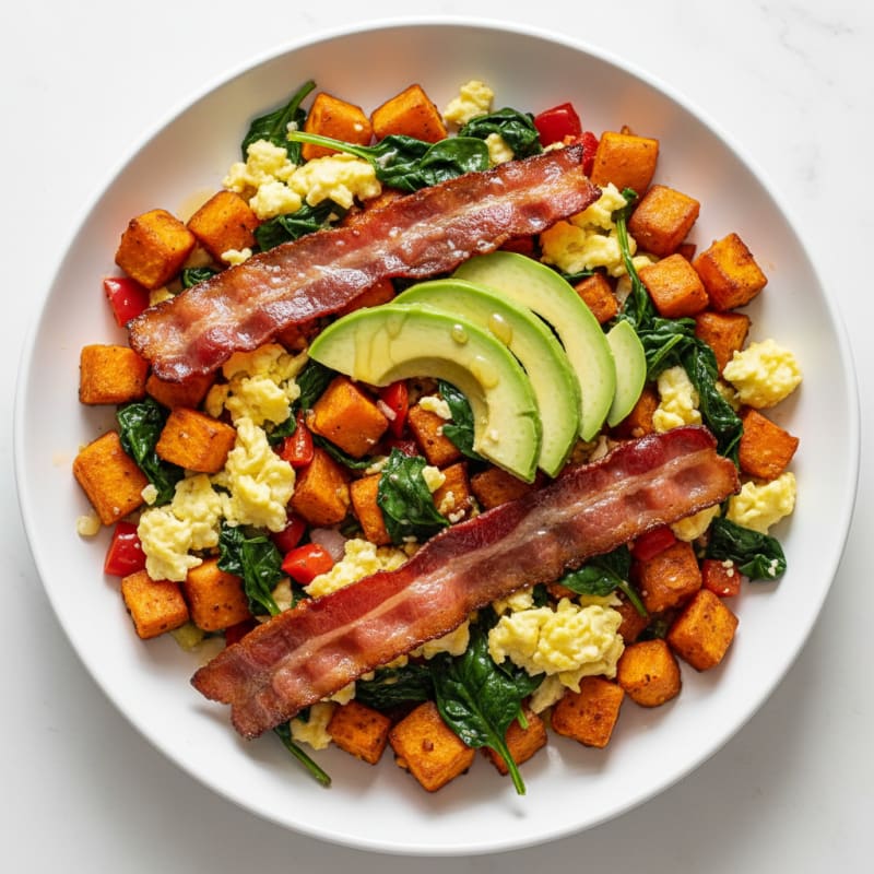 Egg and Bacon Veggie Scramble with Sweet Potato Hash