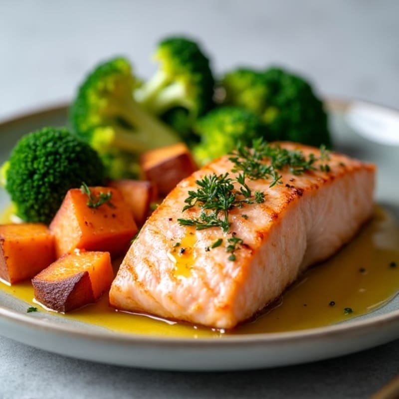 Seared Salmon Fillet with Roasted Sweet Potato and Steamed Broccoli