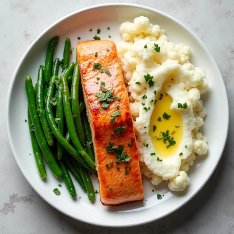 Seared Salmon with Garlic Green Beans and Mashed Cauliflower