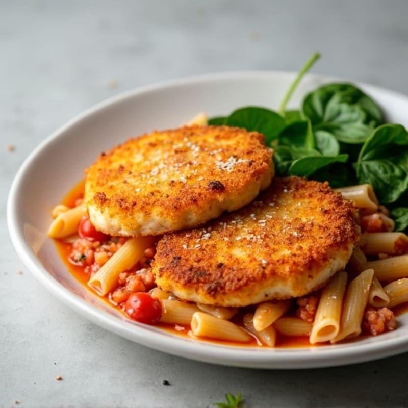 Golden Crispy Chicken Cutlets with Creamy Tomato-Vodka Pasta and Fresh Spinach