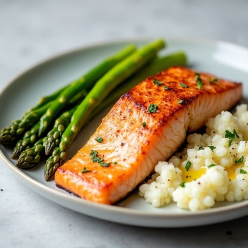 Seared Salmon with Steamed Asparagus and Cauliflower Mash