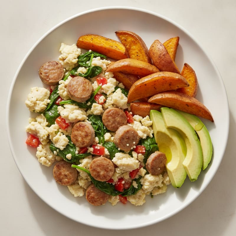 Egg White Scramble with Turkey Sausage and Roasted Sweet Potatoes
