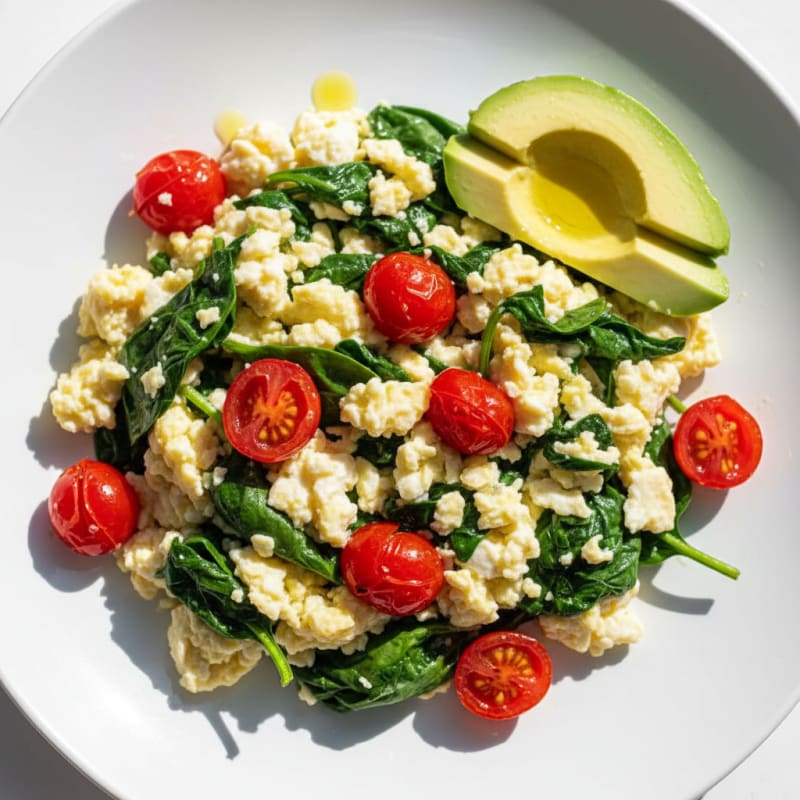 Egg White Spinach Scramble with Cherry Tomatoes
