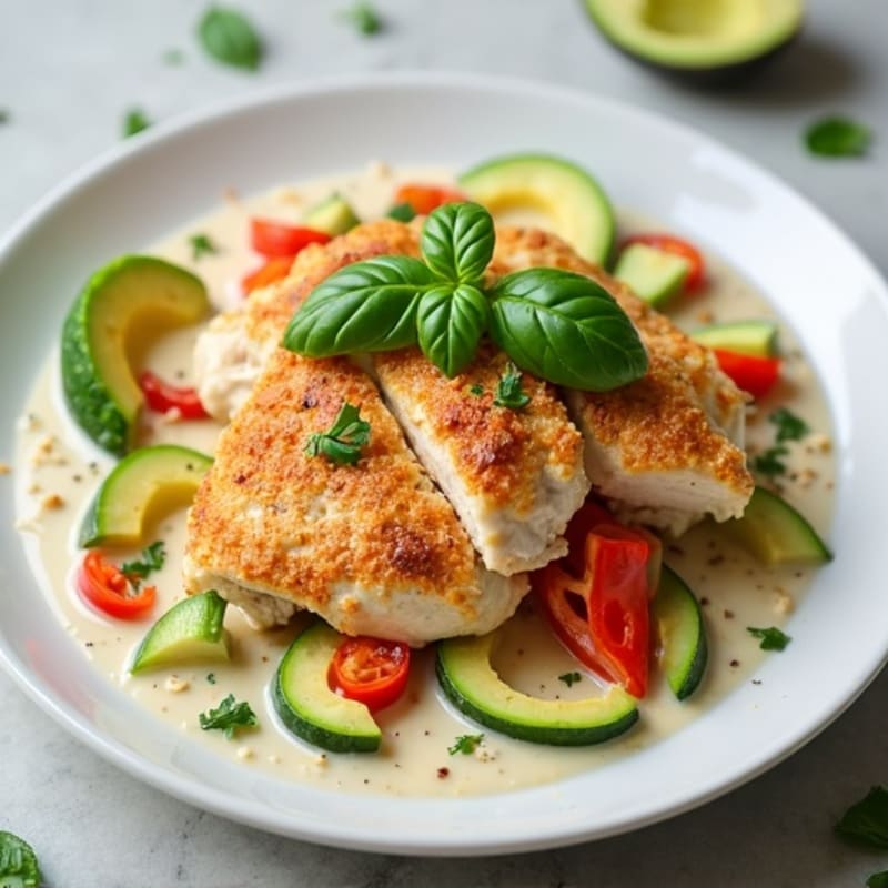 Creamy Coconut Chicken with Crisp Vegetables and Fresh Basil