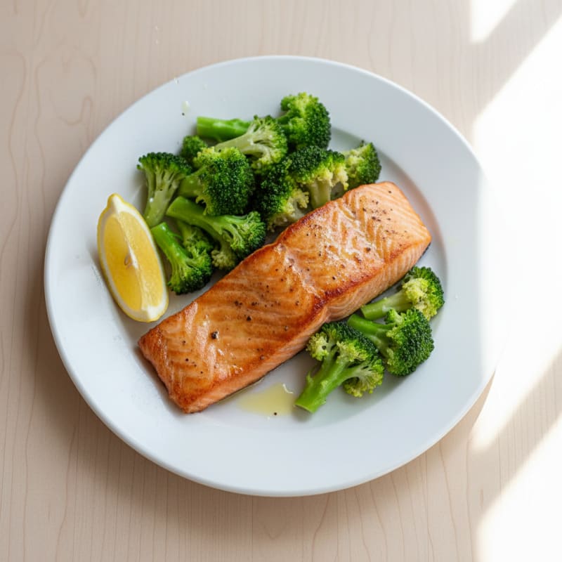 Seared Salmon Fillet with Steamed Broccoli and Lemon