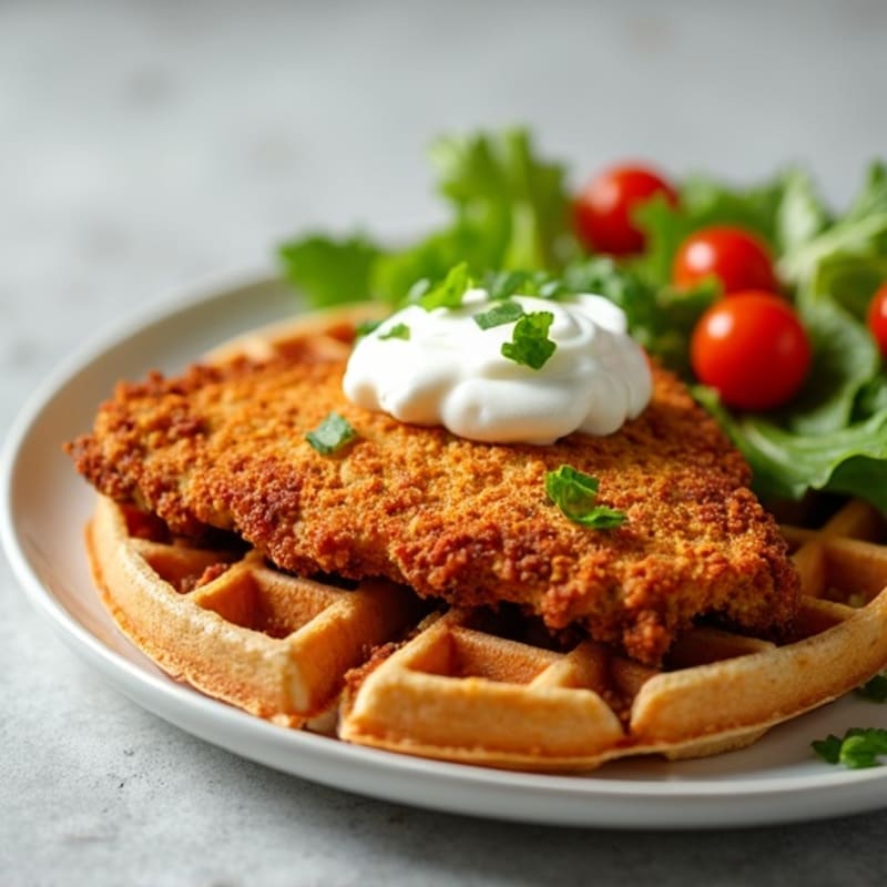 Crispy Chicken Waffles with Fresh Green Salad and Creamy Cottage Cheese