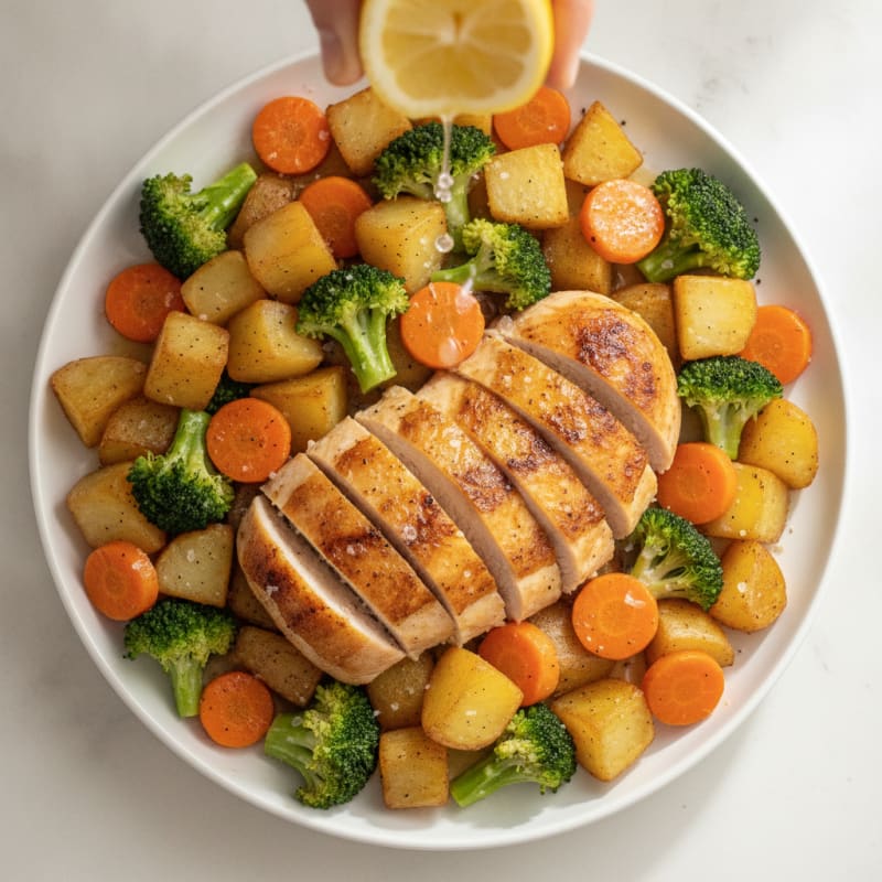 Broccoli, Carrot, and Potato Medley with Roasted Chicken