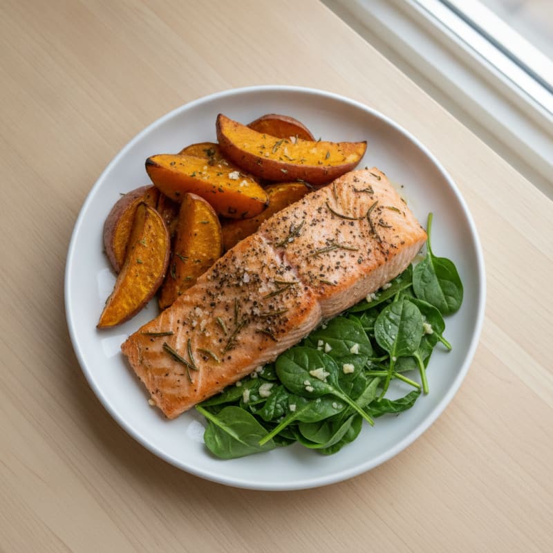 Herb-Roasted Salmon with Sweet Potato and Spinach