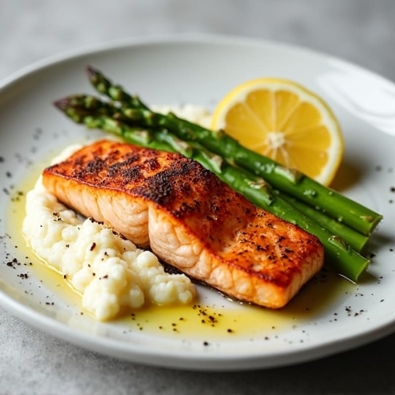 Seared Salmon Fillet with Roasted Asparagus and Cauliflower Mash