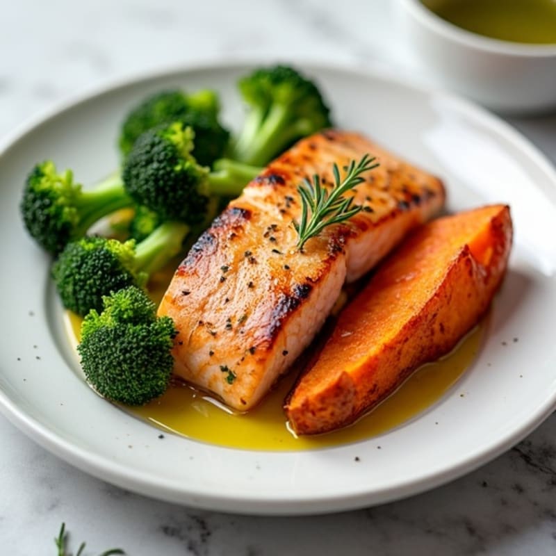 Seared Salmon with Steamed Broccoli and Roasted Sweet Potato