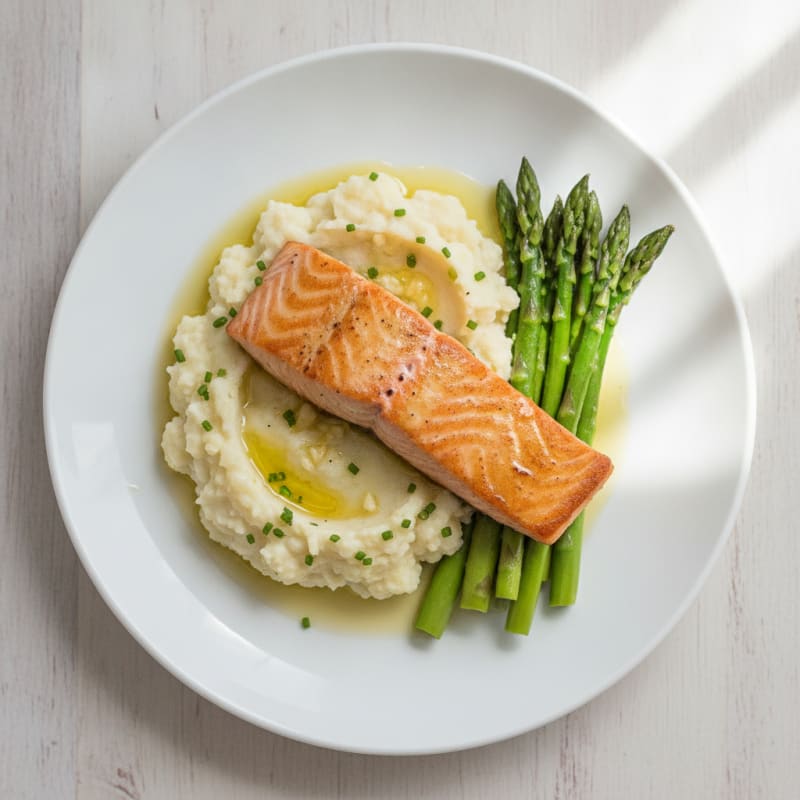Seared Salmon with Steamed Asparagus and Garlic Mashed Cauliflower