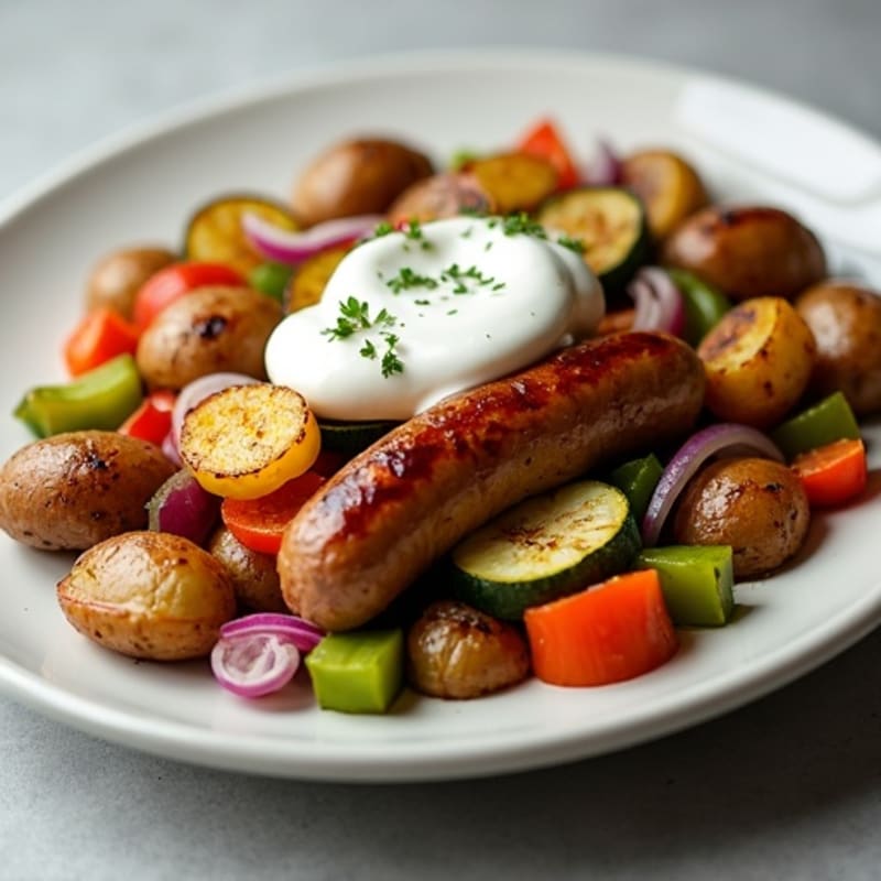 Lean Turkey Sausage and Roasted Potato Vegetable Bake