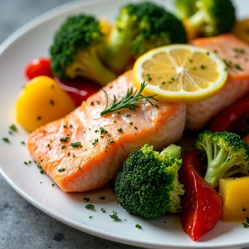 Sheet Pan Lemon Dill Salmon with Roasted Broccoli and Bell Peppers