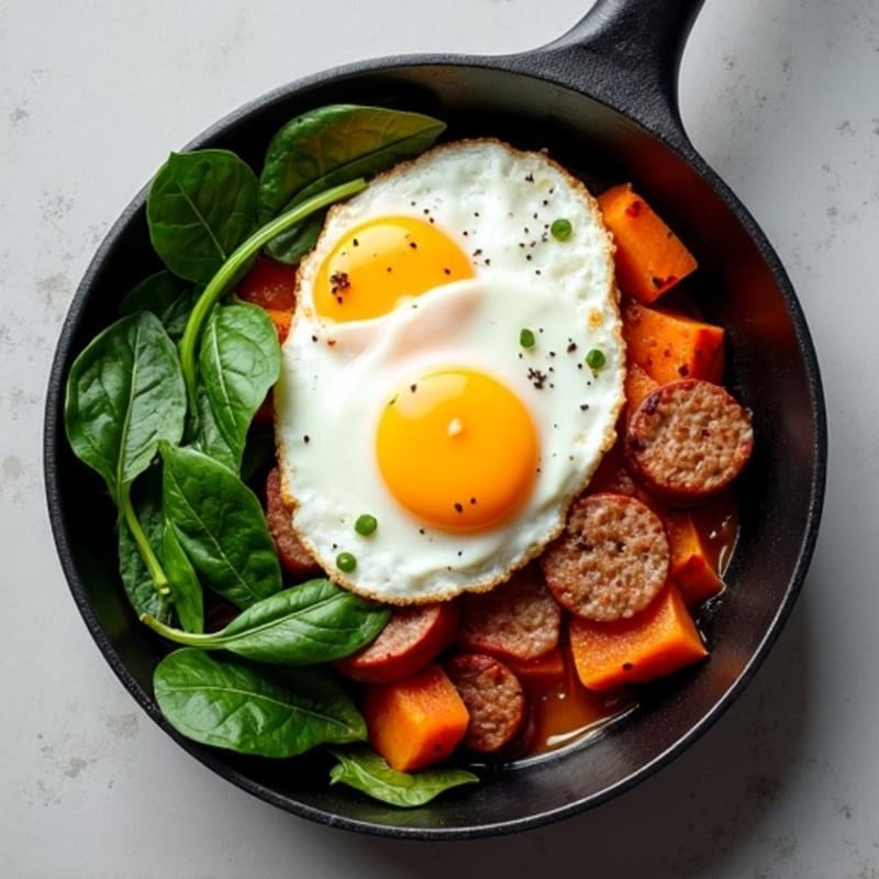 Hearty Egg and Sweet Potato Skillet with Turkey Sausage and Sautéed Greens