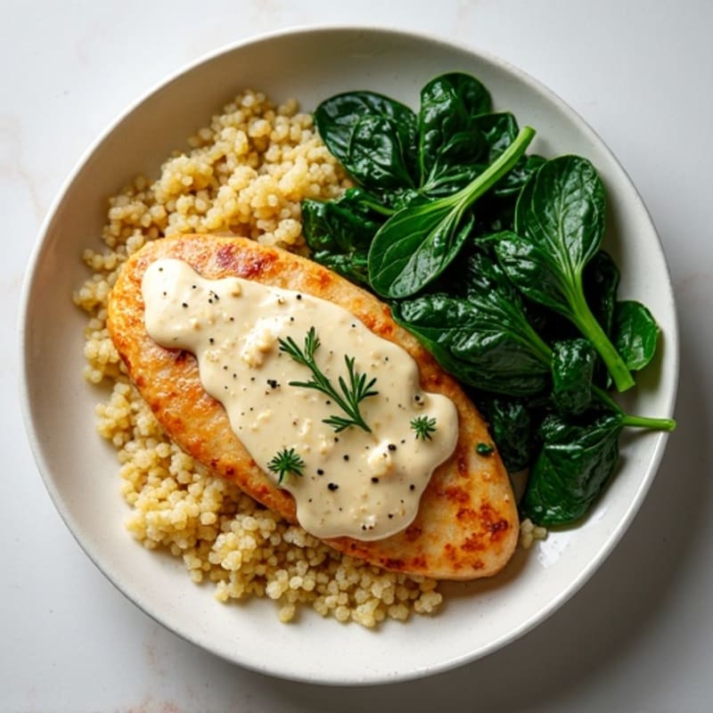 Creamy Garlic Chicken with Sautéed Spinach and Quinoa