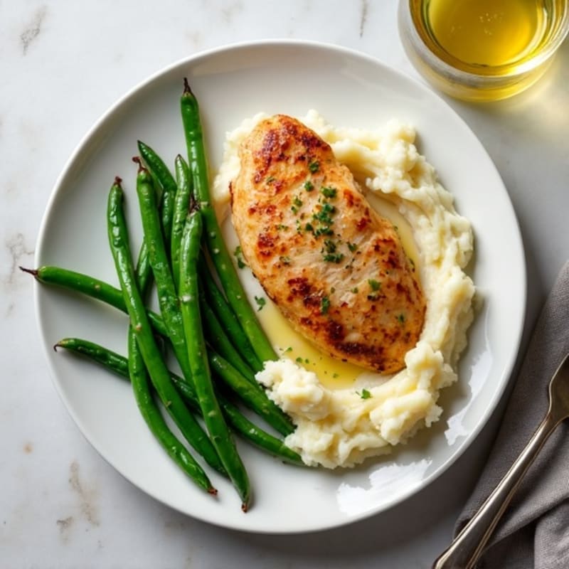 Pan-Seared Chicken with Creamy Garlic Mashed Potatoes and Roasted Green Beans