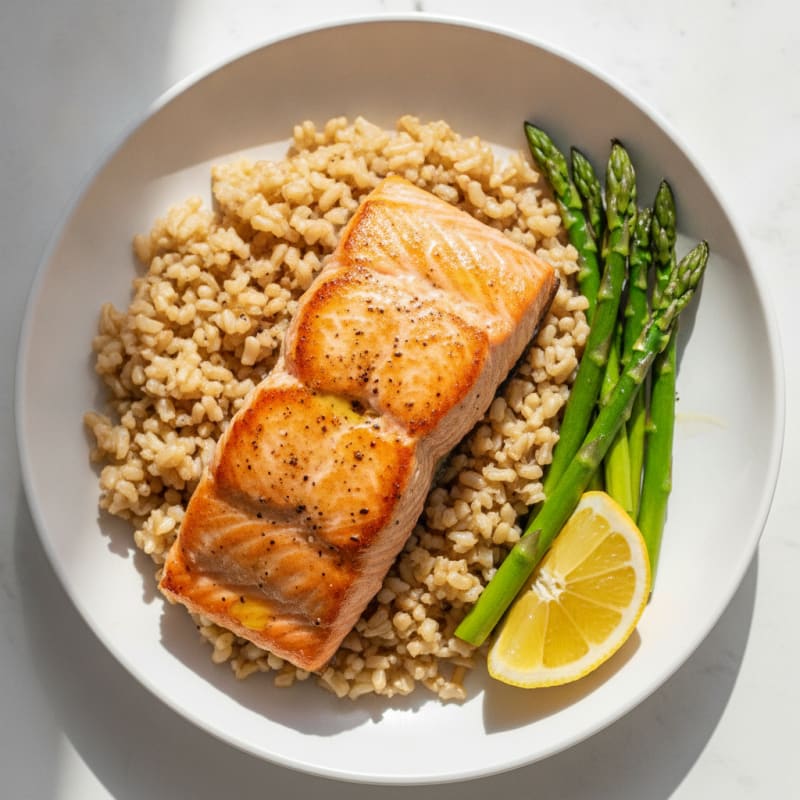 Seared Salmon with Steamed Asparagus and Brown Rice