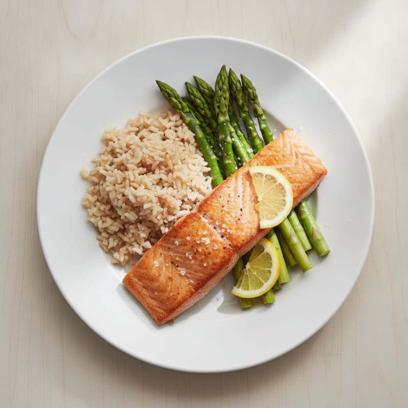 Seared Salmon with Steamed Asparagus and Brown Rice