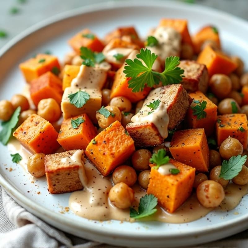 Sheet Pan Roasted Chickpeas and Sweet Potatoes with Creamy Tahini Drizzle