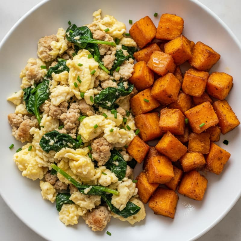 Egg White and Turkey Spinach Scramble with Roasted Sweet Potatoes
