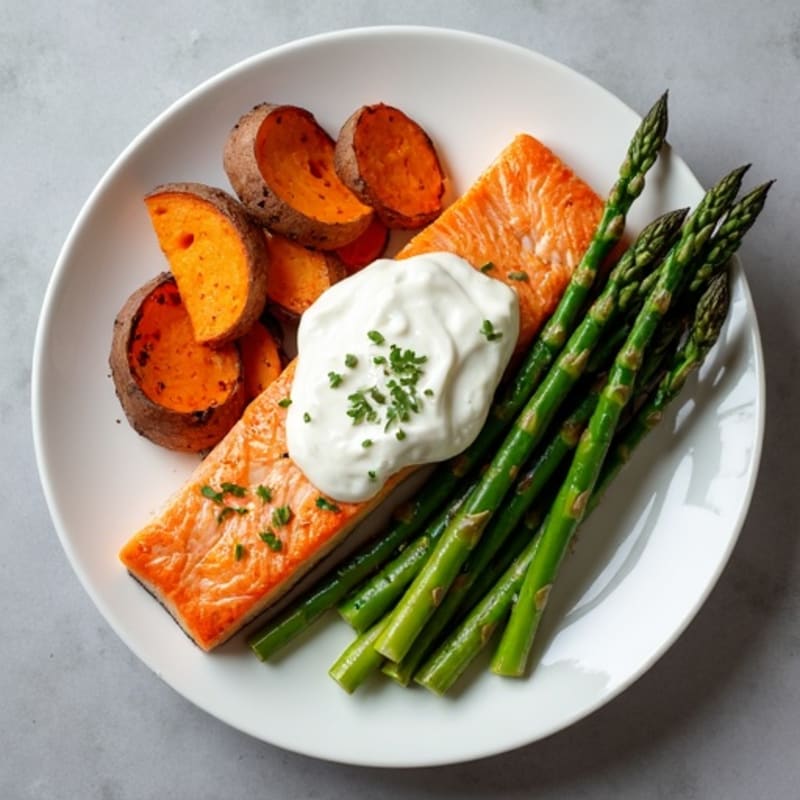 Seared Salmon with Roasted Sweet Potato and Asparagus