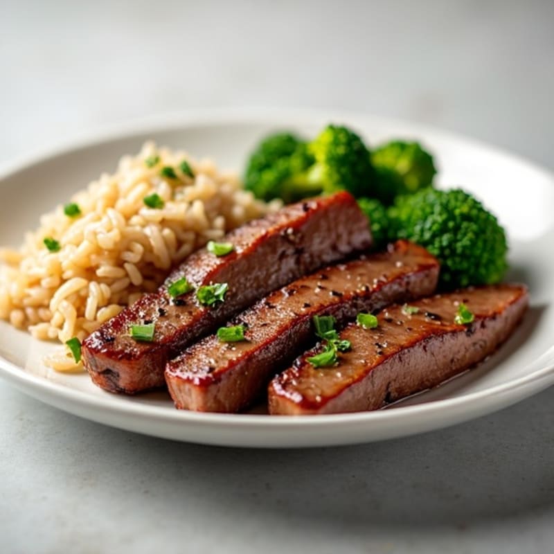 Seared Beef Strips with Steamed Broccoli and Brown Rice