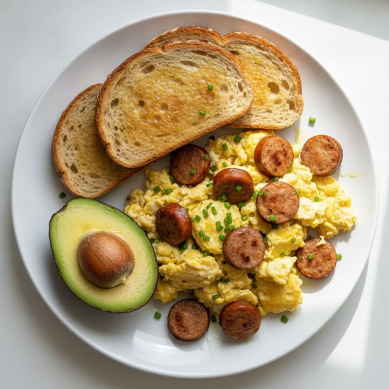 Egg and Chicken Sausage Scramble with Toasted Low Carb Bread