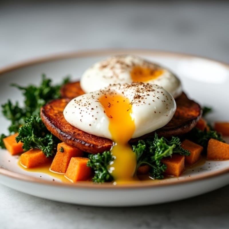 Hearty Sweet Potato and Kale Hash with Poached Eggs