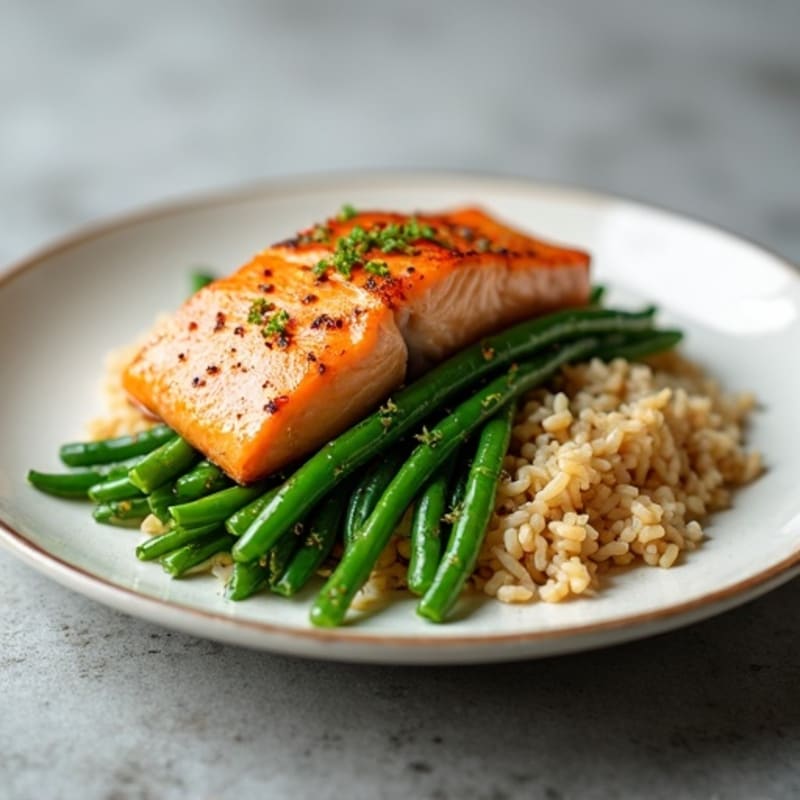 Seared Salmon Fillet with Garlic Green Beans and Brown Rice