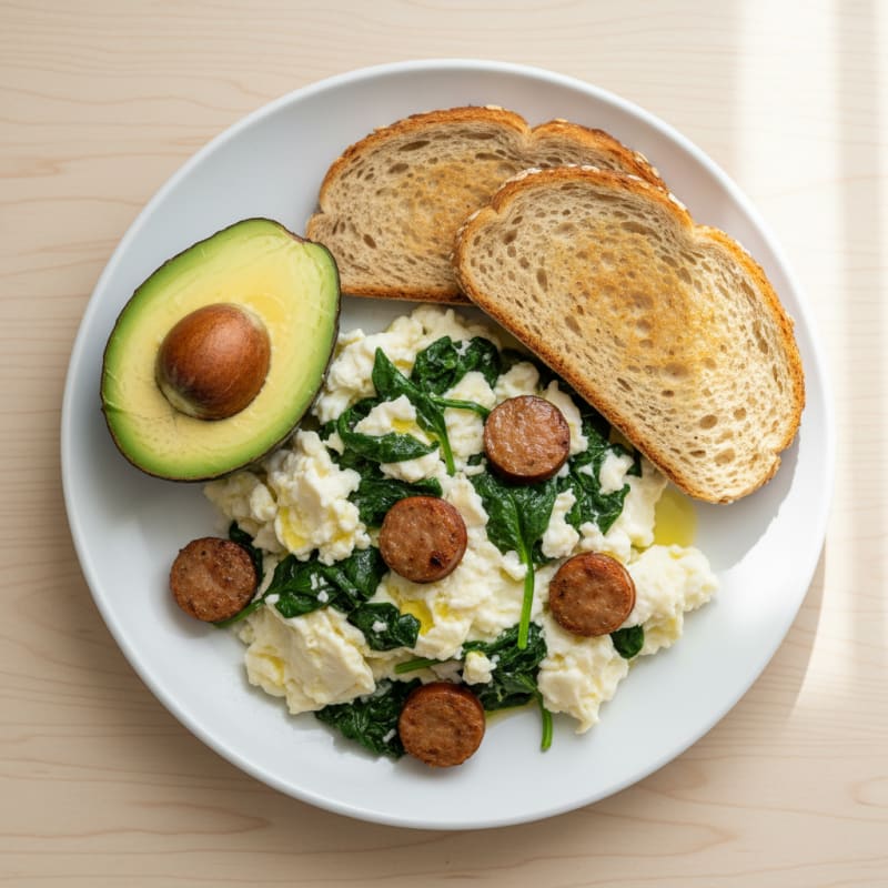 Egg White Spinach Scramble with Turkey Sausage