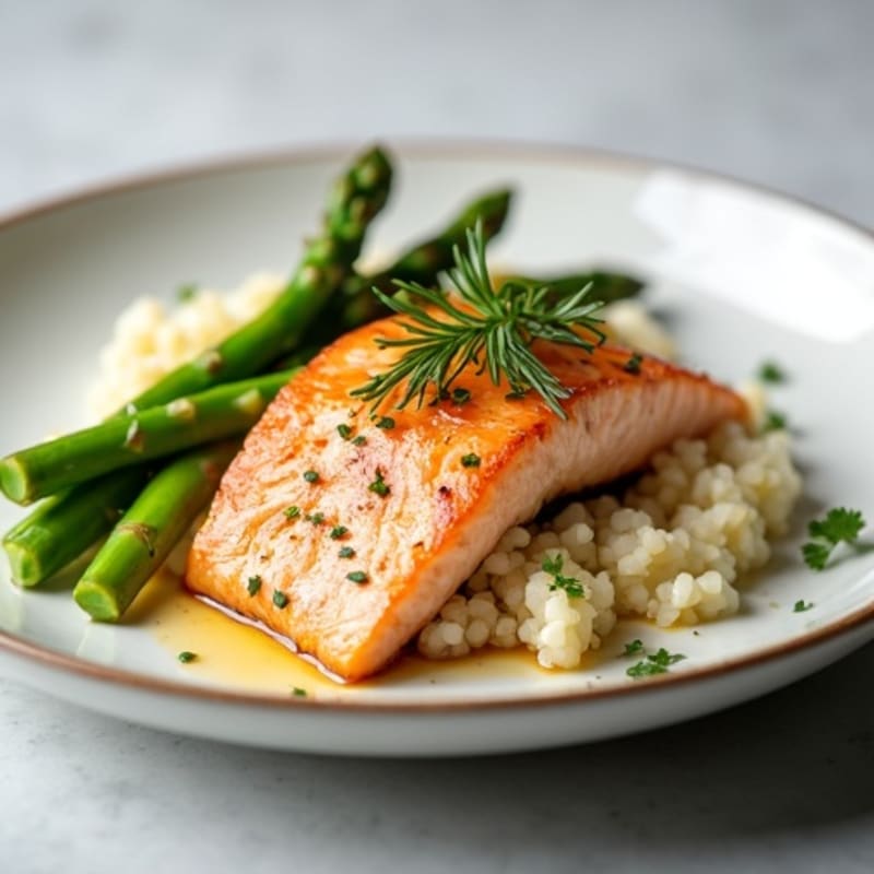 Seared Salmon with Steamed Asparagus and Cauliflower Rice