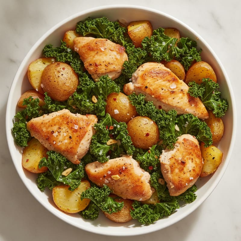 Roasted Garlic Chicken with Kale and Potatoes