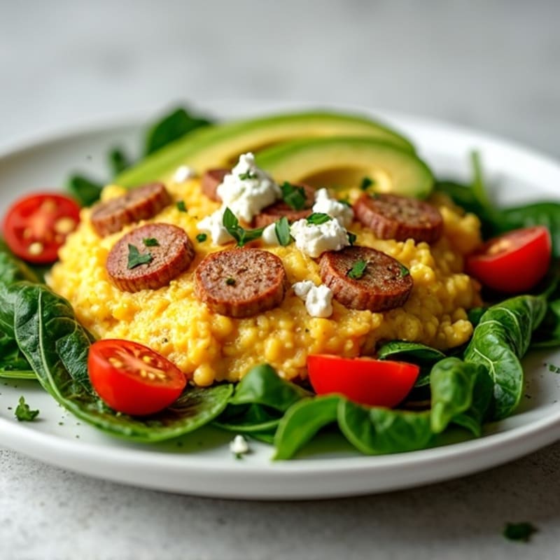 Egg White and Turkey Sausage Scramble with Spinach and Cherry Tomatoes