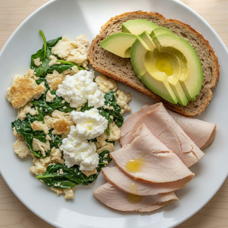 Egg White Spinach Scramble with Cottage Cheese and Sliced Turkey