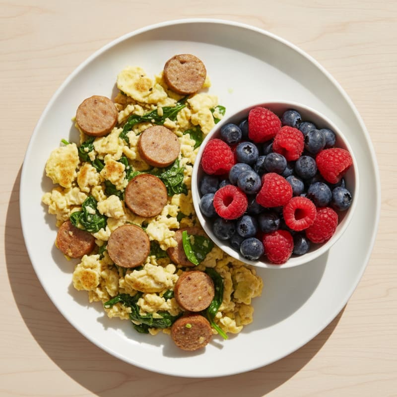 Egg White and Turkey Sausage Scramble with Spinach and Berries