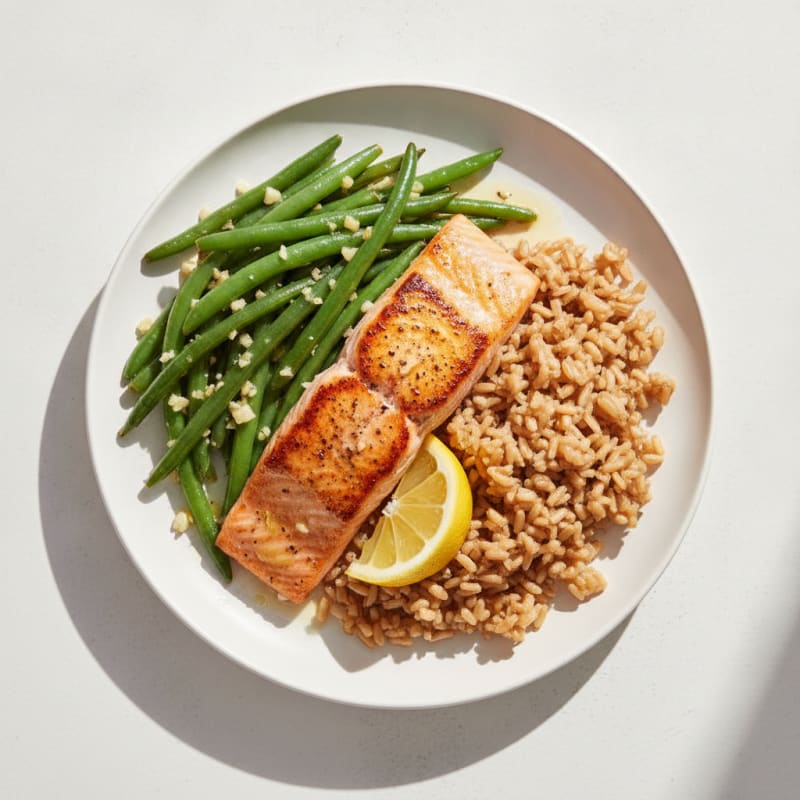 Seared Salmon with Garlic Green Beans and Brown Rice
