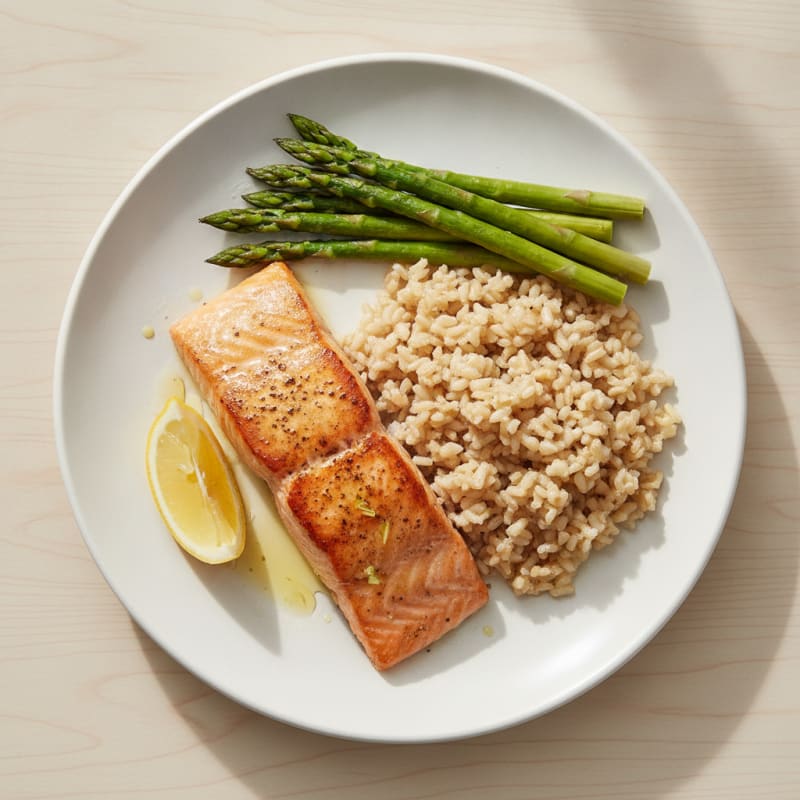 Seared Salmon with Steamed Asparagus and Brown Rice