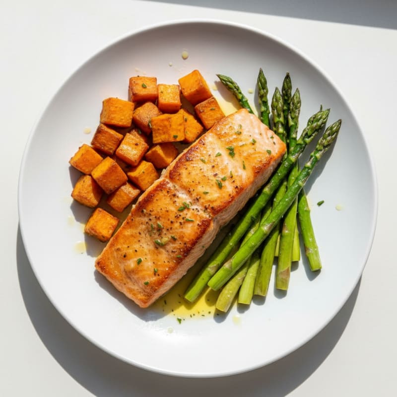 Seared Salmon with Roasted Sweet Potatoes and Asparagus