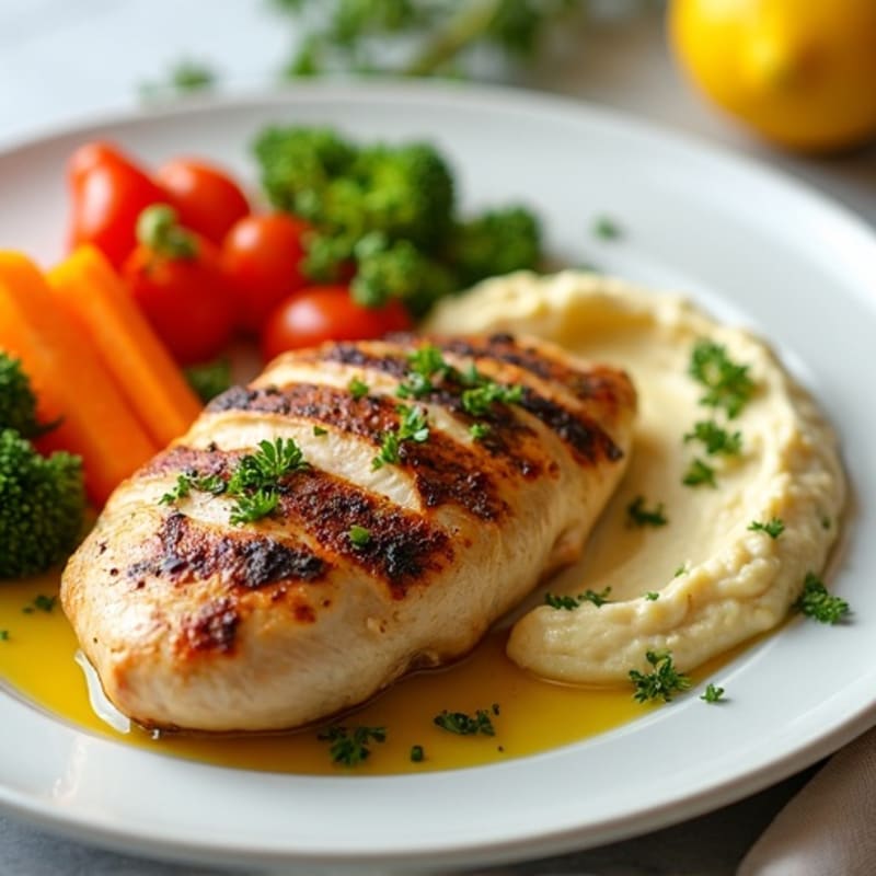 Herb-Roasted Chicken with Creamy Lemon Hummus and Crisp Vegetables