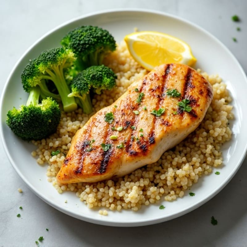 Grilled Lemon Garlic Chicken Breast with Quinoa and Roasted Broccoli