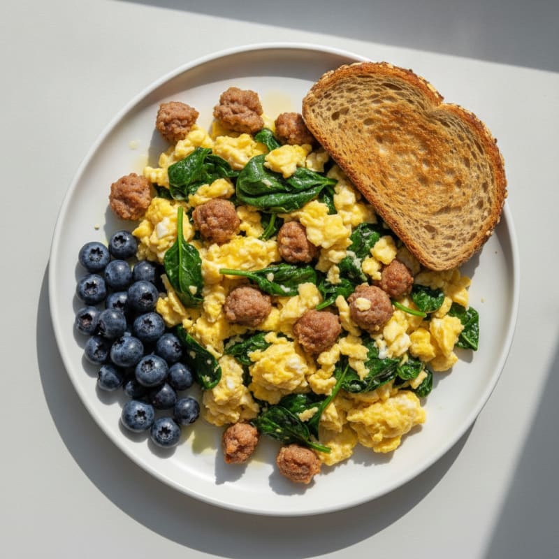 Scrambled Eggs with Turkey Sausage and Sautéed Spinach