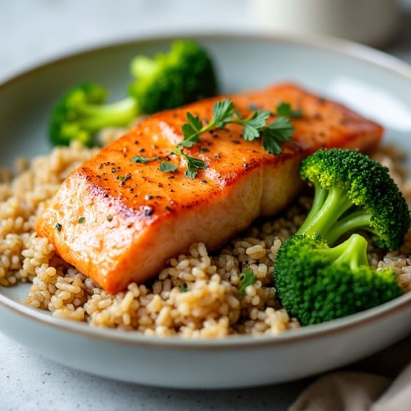 Seared Salmon with Steamed Broccoli and Brown Rice