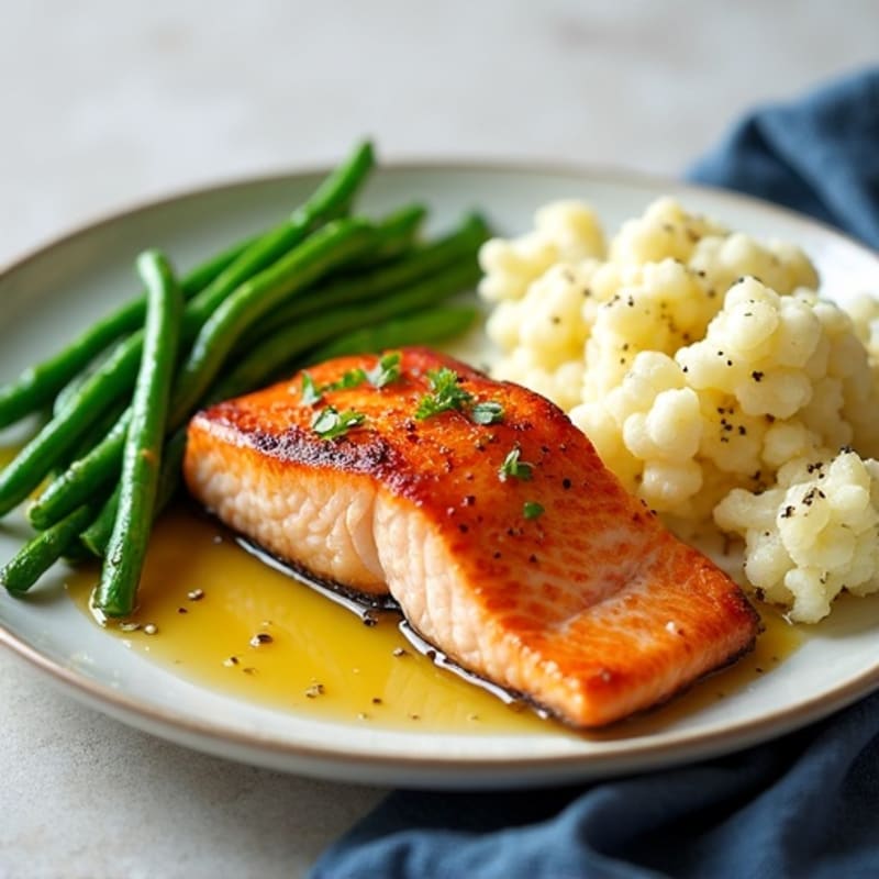 Seared Salmon with Steamed Green Beans and Garlic Mashed Cauliflower
