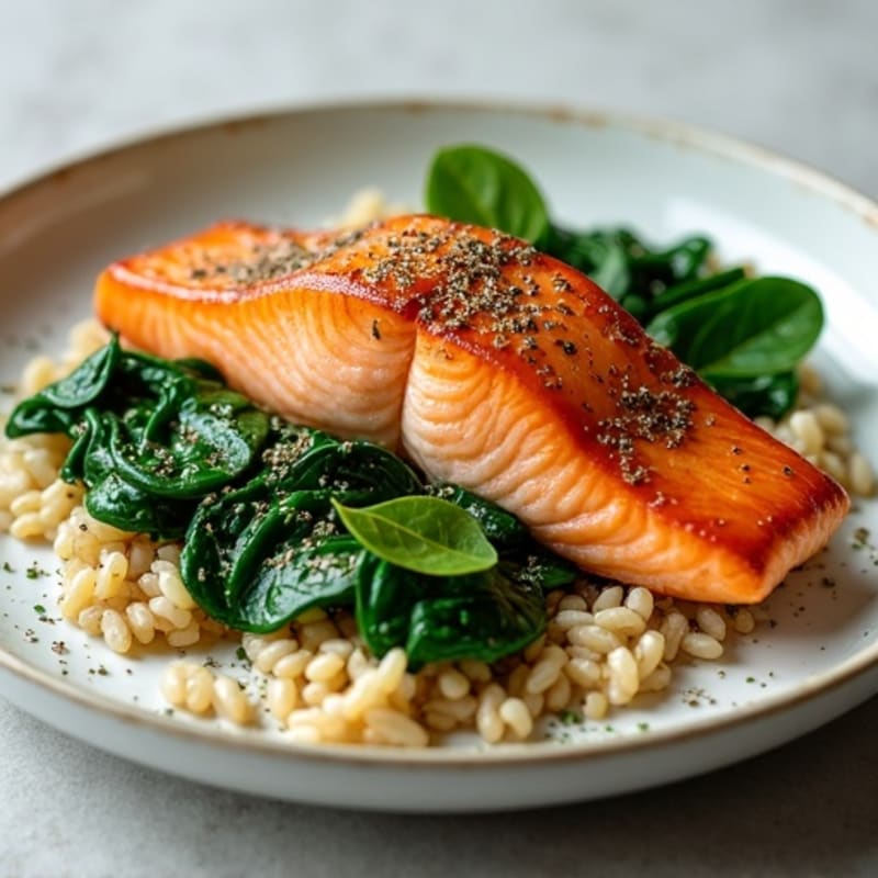 Seared Salmon with Garlic Spinach and Steamed Brown Rice